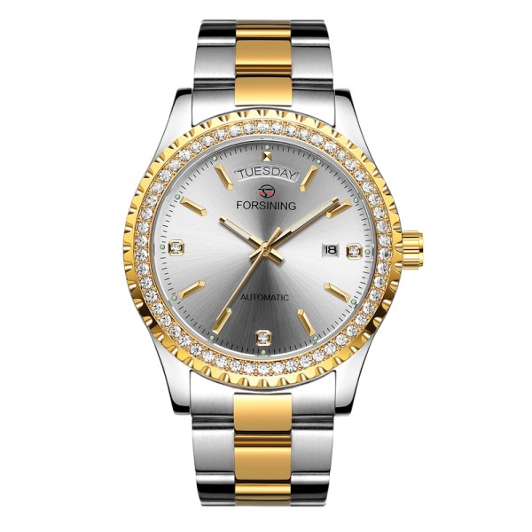 Мужские механические часы Forsining 6919 Silver-Gold-White Steel с автоподзаводом и браслетом