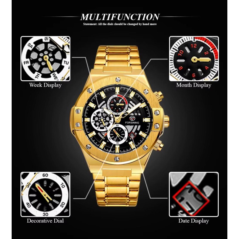 Мужские механические часы Forsining 6914 Gold-Black Steel с автоподзаводом и фазами луны
