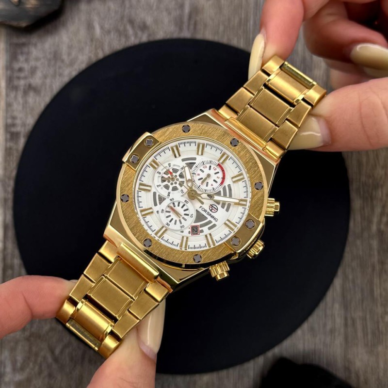 Чоловічий механічний годинник Forsining 6914 Gold-White Steel з автопідзаводом та повним календарем