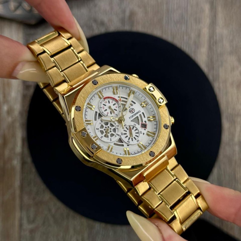 Чоловічий механічний годинник Forsining 6914 Gold-White Steel з автопідзаводом та повним календарем