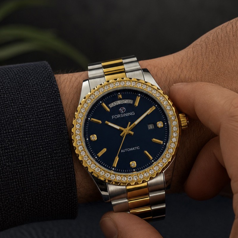 Мужские механические часы Forsining 6919 Silver-Gold-Blue Steel с автоподзаводом и календарем