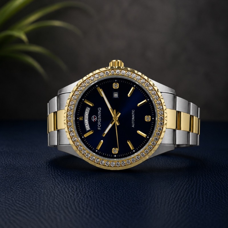 Мужские механические часы Forsining 6919 Silver-Gold-Blue Steel с автоподзаводом и календарем