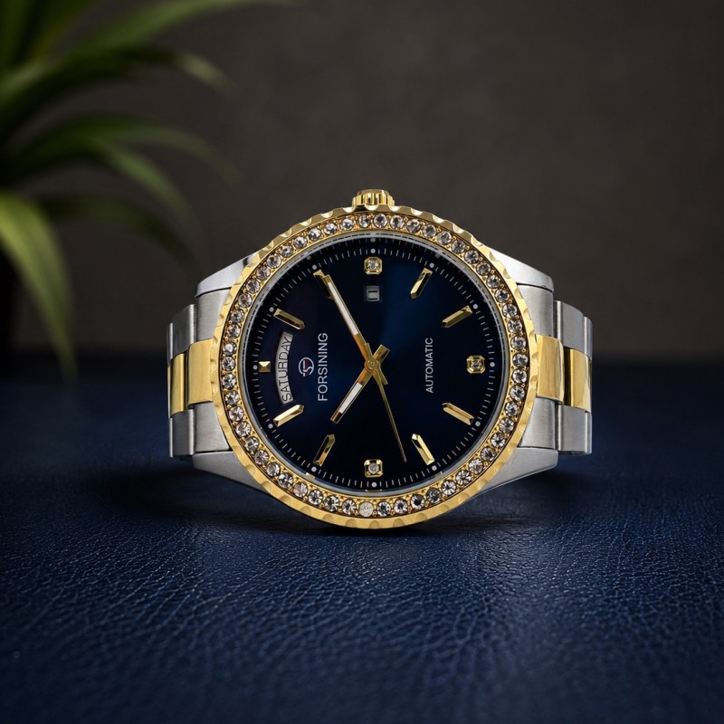 Мужские механические часы Forsining 6919 Silver-Gold-Blue Steel с автоподзаводом и календарем