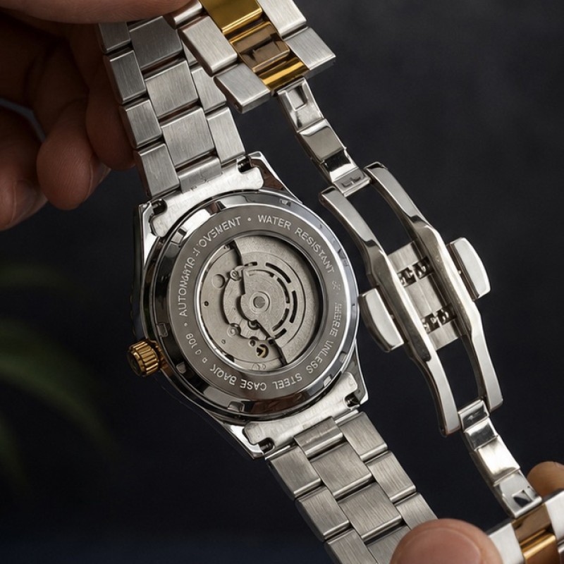 Мужские механические часы Forsining 6919 Silver-Gold-Blue Steel с автоподзаводом и календарем