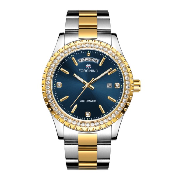 Мужские механические часы Forsining 6919 Silver-Gold-Blue Steel с автоподзаводом и календарем