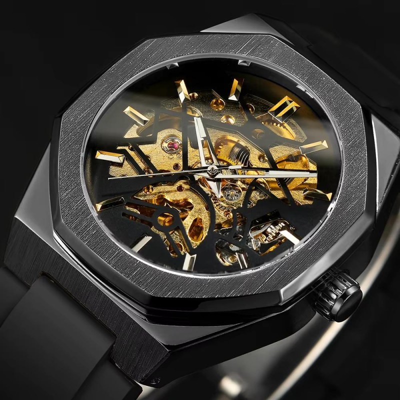 Чоловічий механічний годинник Forsining 8289 Black-Gold-Gold з автопідзаводом та люмінесцентною підсвіткою