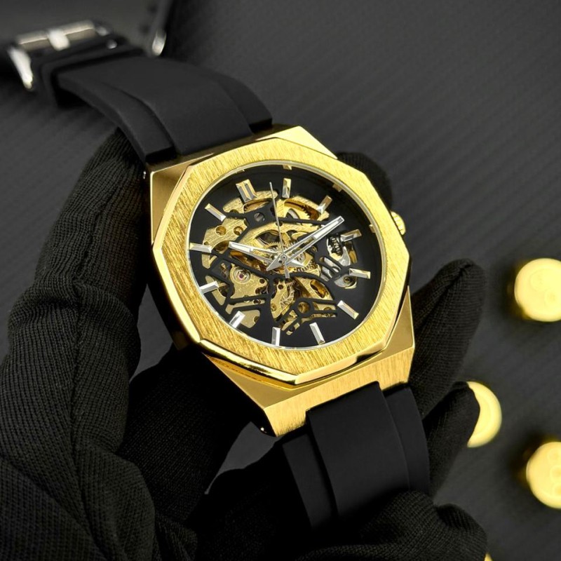 Чоловічий механічний годинник Forsining 8289 Black-Gold з автопідзаводом та прозорим корпусом