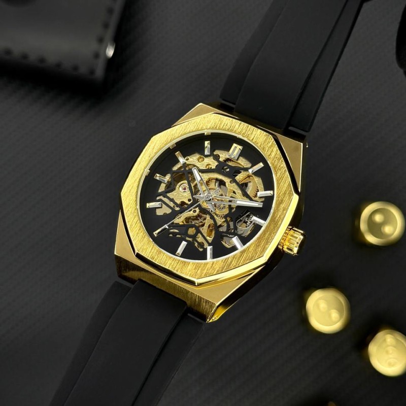 Чоловічий механічний годинник Forsining 8289 Black-Gold з автопідзаводом та прозорим корпусом