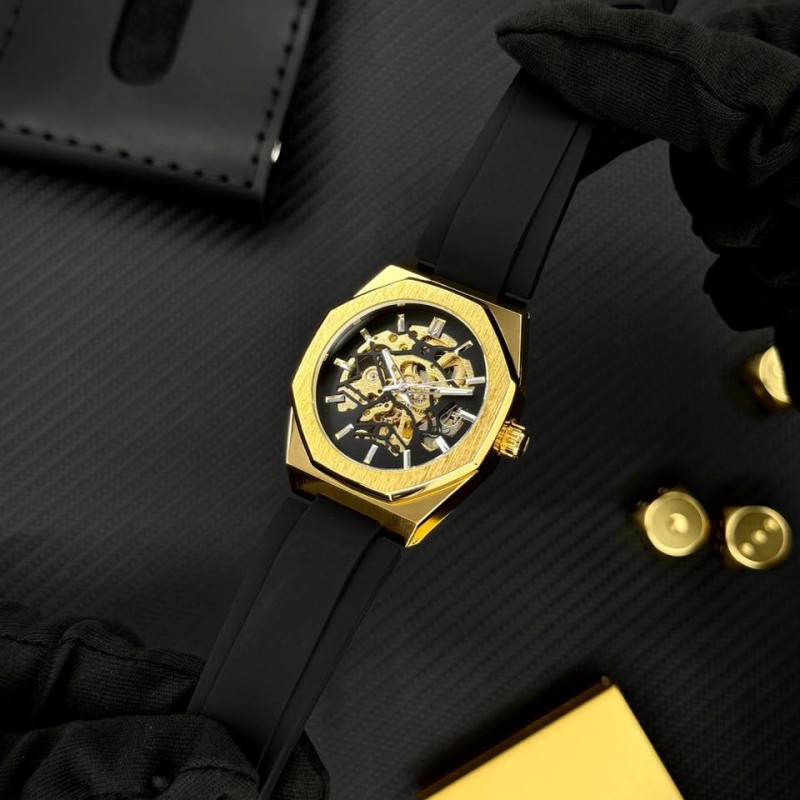 Чоловічий механічний годинник Forsining 8289 Black-Gold з автопідзаводом та прозорим корпусом