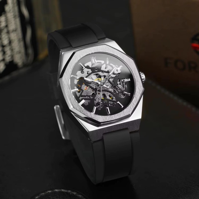 Мужские механические часы Forsining 8289 Silver-Black с автоподзаводом и каучуковым ремешком
