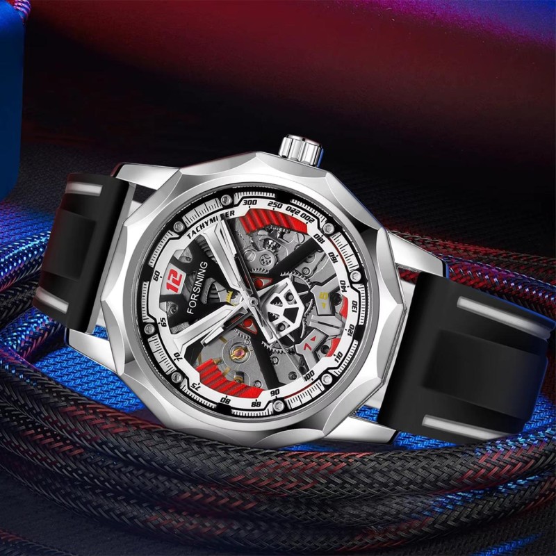 Мужские механические часы Forsining 8284 Silver-Black с прозрачным корпусом и каучуковым ремешком