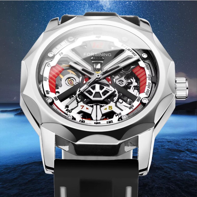 Мужские механические часы Forsining 8284 Silver-Black с прозрачным корпусом и каучуковым ремешком