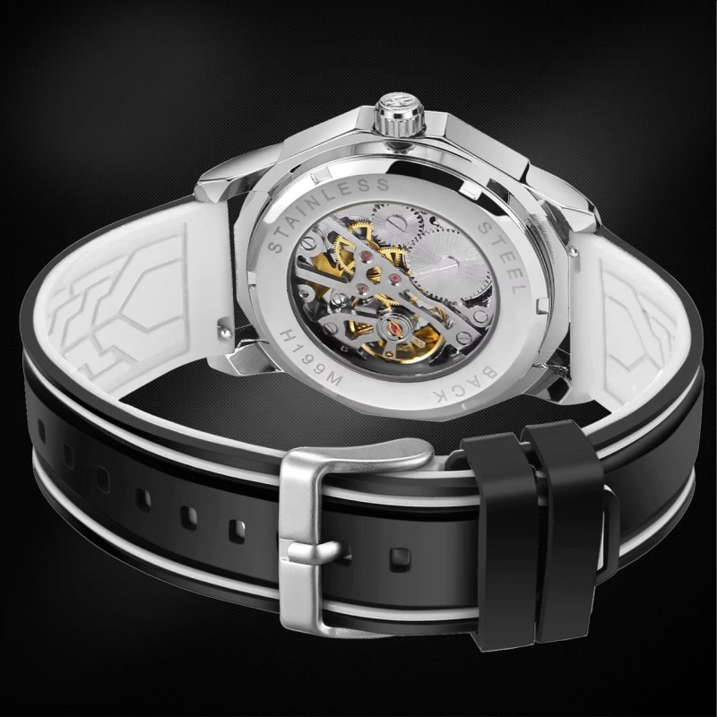 Мужские механические часы Forsining 8284 Silver-Black с прозрачным корпусом и каучуковым ремешком