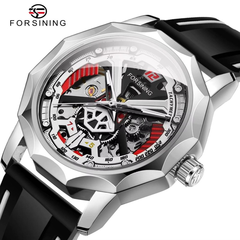 Мужские механические часы Forsining 8284 Silver-Black с прозрачным корпусом и каучуковым ремешком