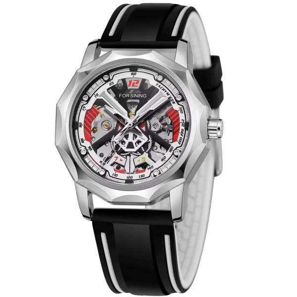 Мужские механические часы Forsining 8284 Silver-Black с прозрачным корпусом и каучуковым ремешком