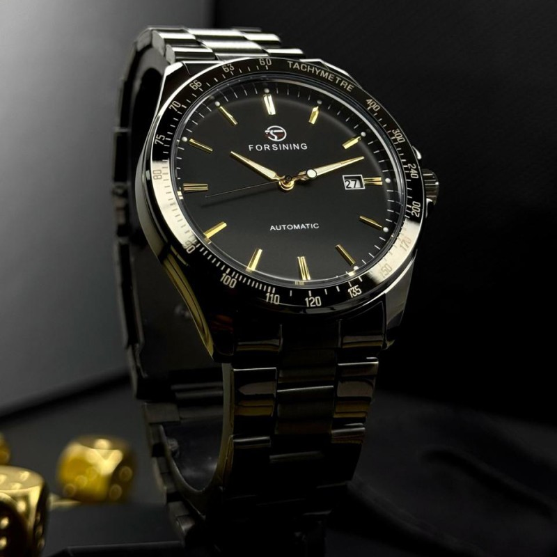Мужские механические часы Forsining 8294 Black-Gold Steel с автоподзаводом и браслетом