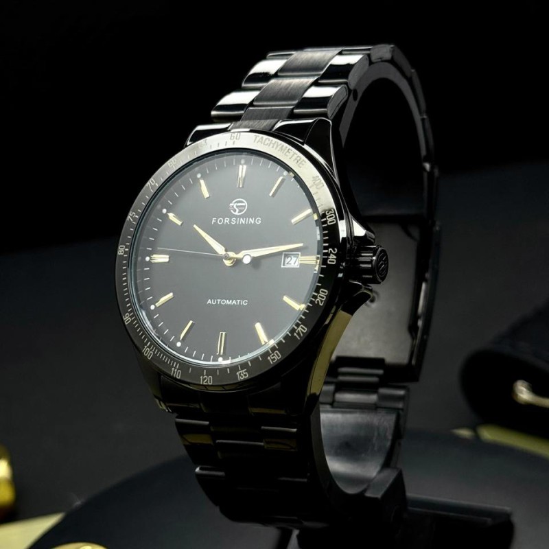 Мужские механические часы Forsining 8294 Black-Gold Steel с автоподзаводом и браслетом