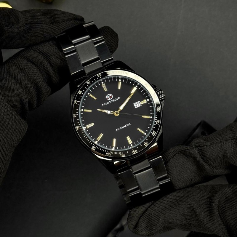 Мужские механические часы Forsining 8294 Black-Gold Steel с автоподзаводом и браслетом