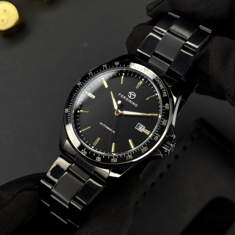 Мужские механические часы Forsining 8294 Black-Gold Steel с автоподзаводом и браслетом