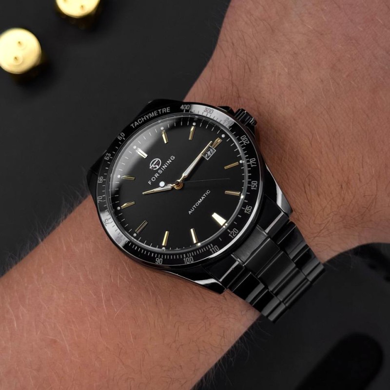 Мужские механические часы Forsining 8294 Black-Gold Steel с автоподзаводом и браслетом
