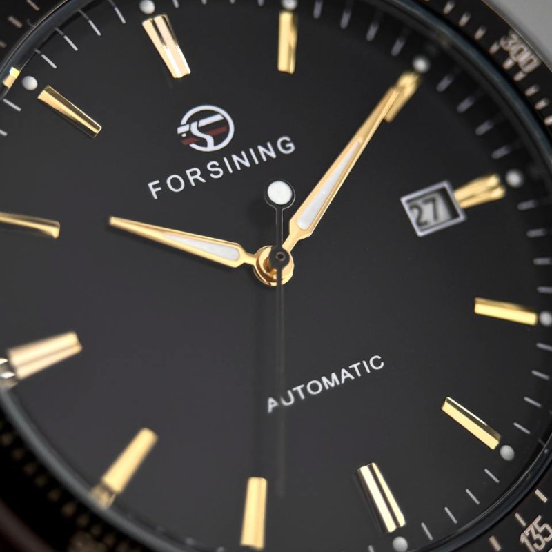 Мужские механические часы Forsining 8294 Black-Gold Steel с автоподзаводом и браслетом