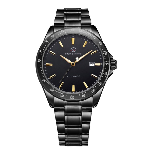 Мужские механические часы Forsining 8294 Black-Gold Steel с автоподзаводом и браслетом