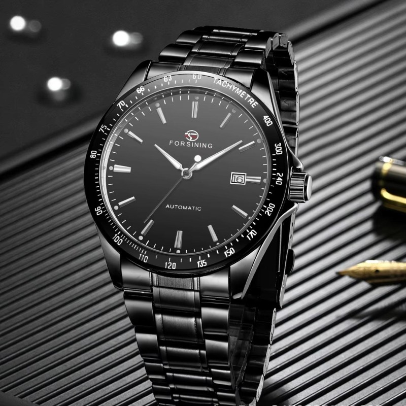 Мужские механические часы Forsining 8294 Black Steel с автоподзаводом и стальным браслетом