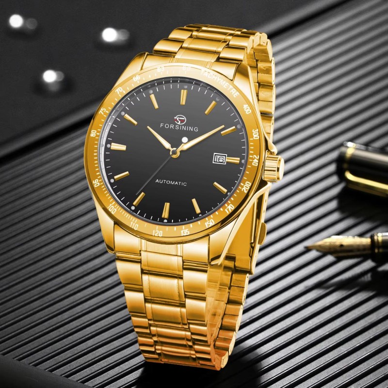 Чоловічий механічний годинник Forsining 8294 Gold-Black Steel з автопідзаводом та сталевим браслетом