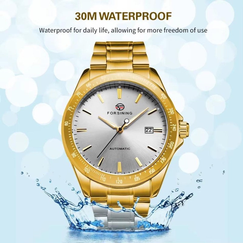 Мужские механические часы Forsining 8294 Gold-White Steel с автоподзаводом и стальным браслетом