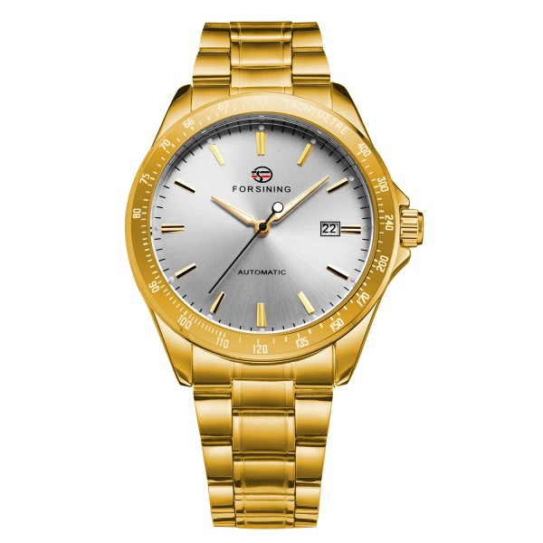Мужские механические часы Forsining 8294 Gold-White Steel с автоподзаводом и стальным браслетом