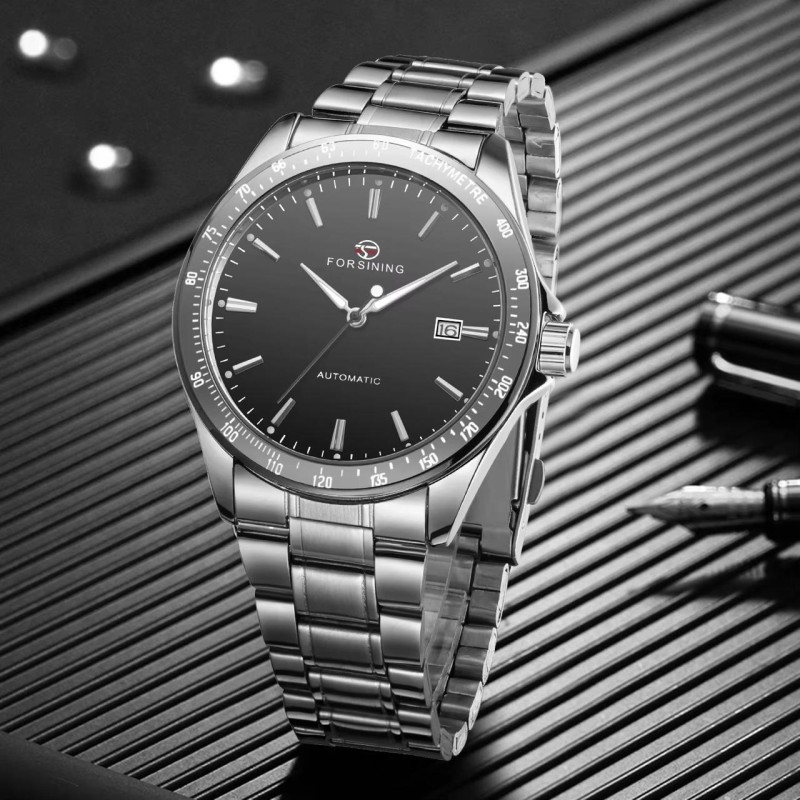 Мужские механические часы Forsining 8294 Silver-Black Steel с автоподзаводом и стальным браслетом
