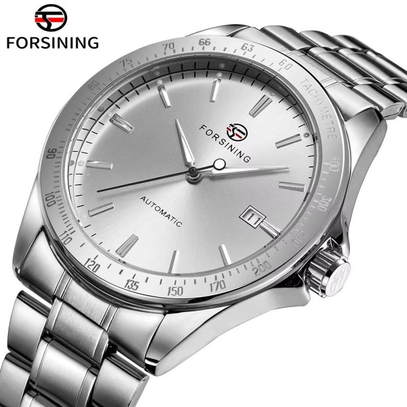 Мужские механические часы Forsining 8294 Silver-White Steel с автоподзаводом и стальным браслетом