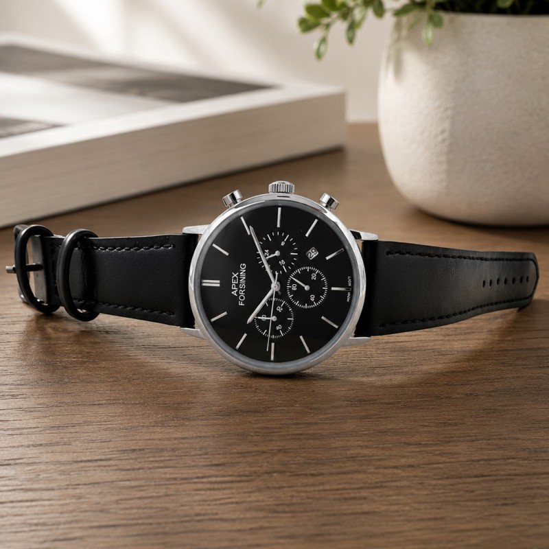 Мужские часы Forsining 8312 Black-Silver с хронографом и кожаным ремешком