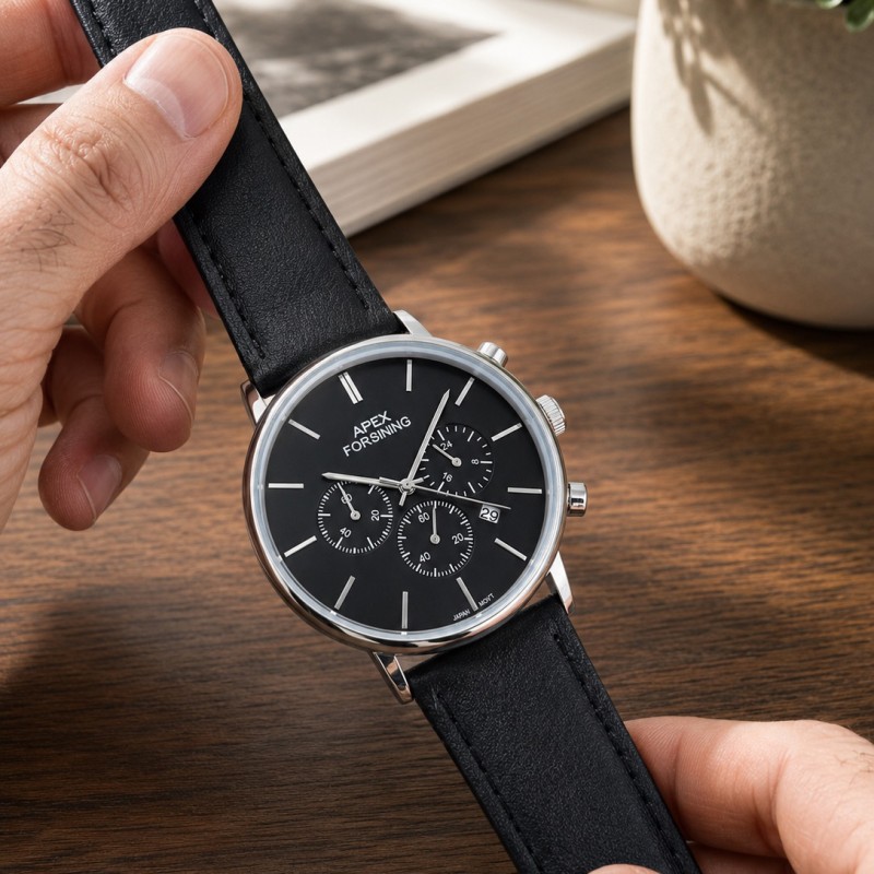 Мужские часы Forsining 8312 Black-Silver с хронографом и кожаным ремешком
