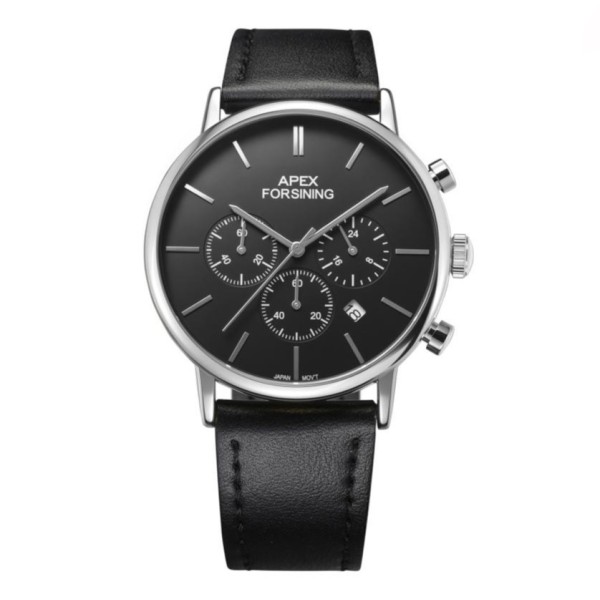 Мужские часы Forsining 8312 Black-Silver с хронографом и кожаным ремешком