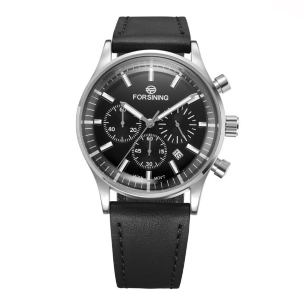 Мужские наручные часы Forsining 8311 Black-Silver с хронографом и кожаным ремешком