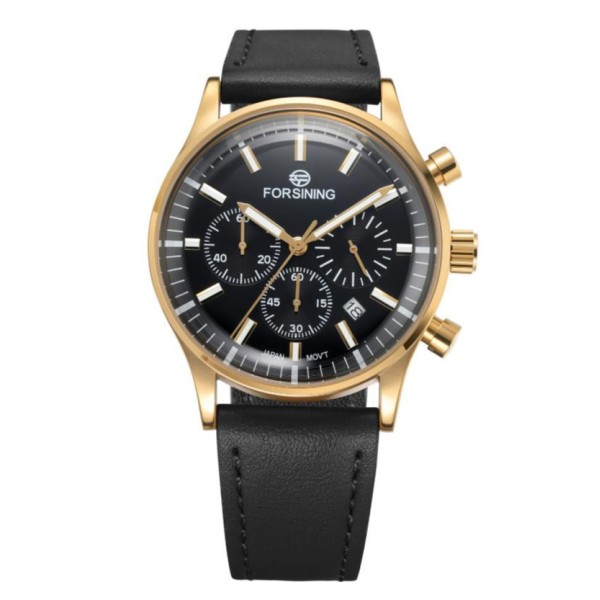 Чоловічий годинник Forsining 8311 Black-Gold з хронографом та шкіряним ремінцем