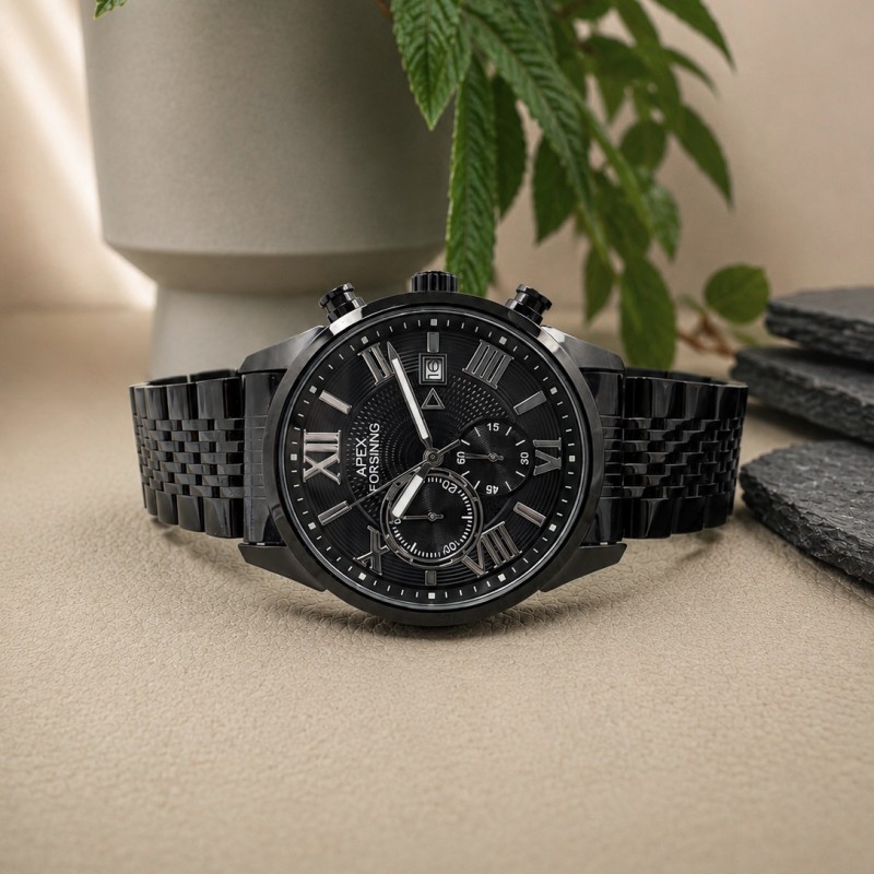 Чоловічий механічний годинник Forsining 8304 AII Black Steel з хронографом та сталевим браслетом