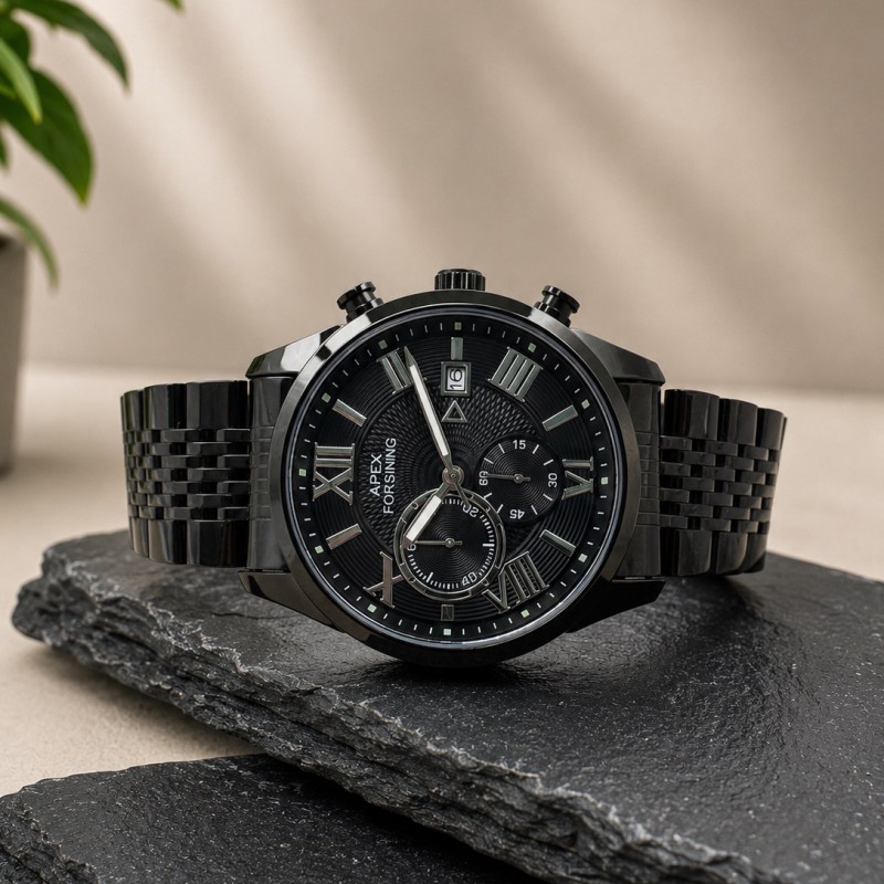 Чоловічий механічний годинник Forsining 8304 AII Black Steel з хронографом та сталевим браслетом