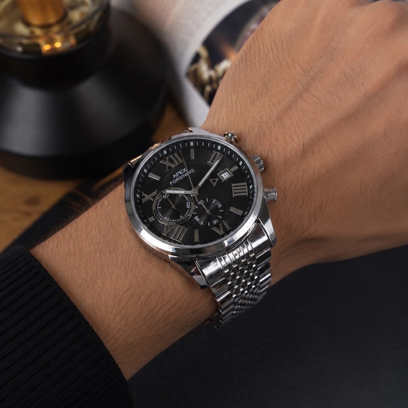 Чоловічий годинник Forsining 8304 Silver-Black Steel з хронографом та сталевим браслетом