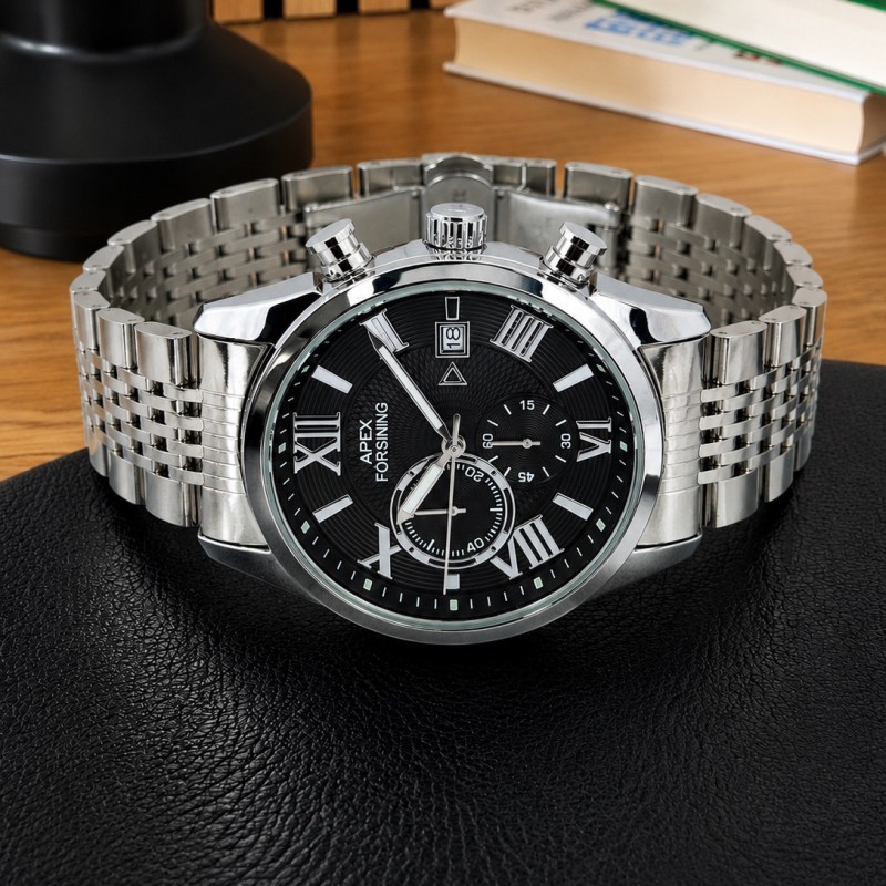 Чоловічий годинник Forsining 8304 Silver-Black Steel з хронографом та сталевим браслетом