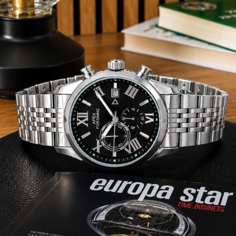 Чоловічий годинник Forsining 8304 Silver-Black Steel з хронографом та сталевим браслетом