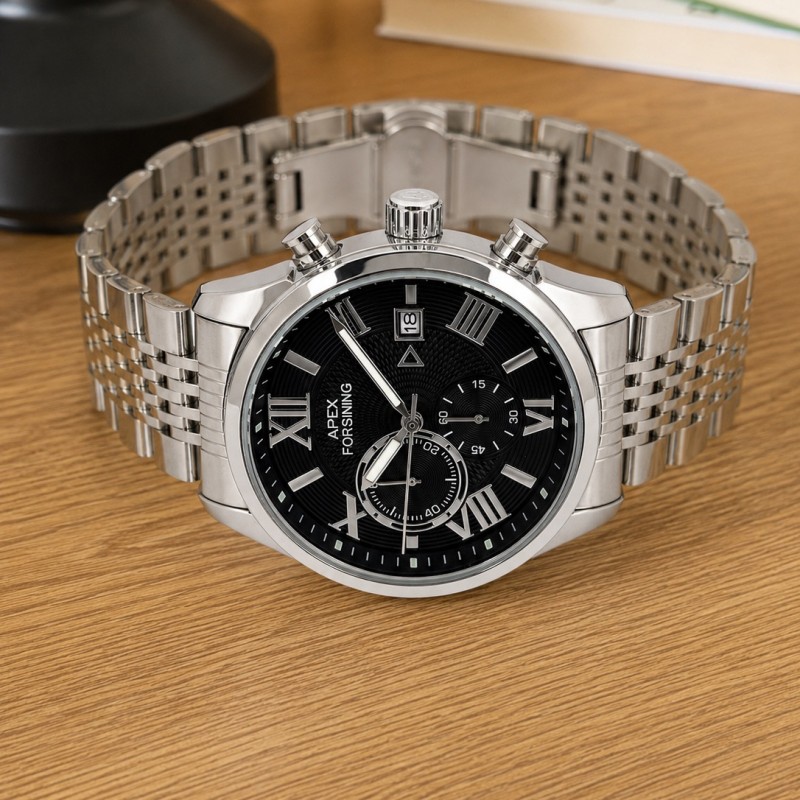 Чоловічий годинник Forsining 8304 Silver-Black Steel з хронографом та сталевим браслетом
