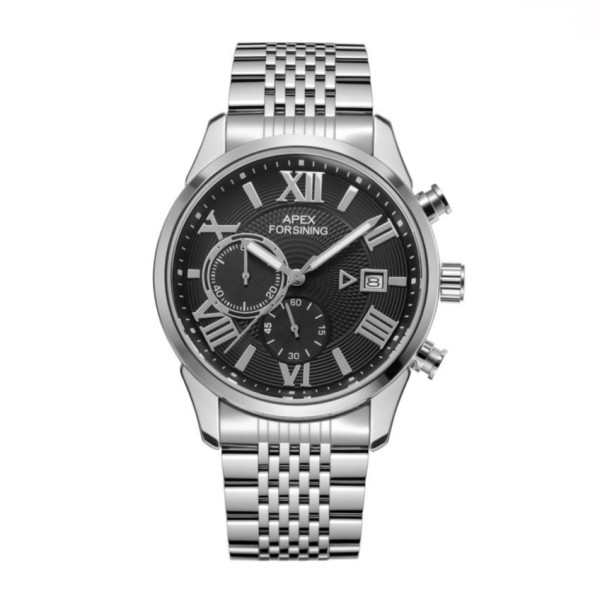 Чоловічий годинник Forsining 8304 Silver-Black Steel з хронографом та сталевим браслетом