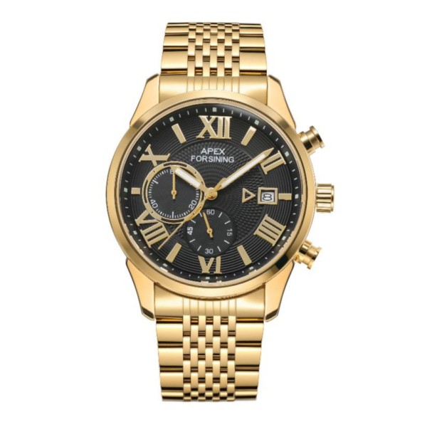 Мужские часы Forsining 8304 Gold-Black Steel с хронографом и золотистым браслетом