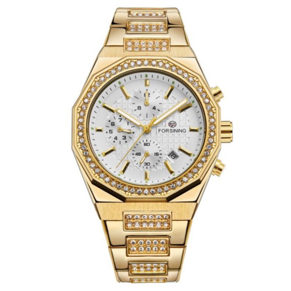 Механические часы Forsining 8314 Gold-White Steel с автоподзаводом и календарем