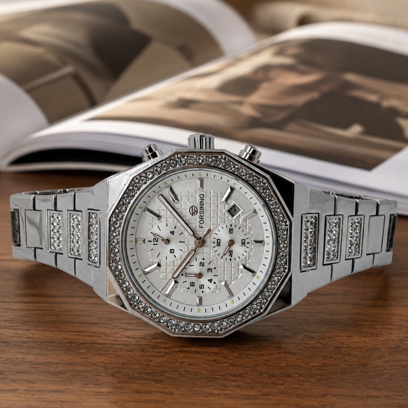 Механические часы Forsining 8314 Silver-White Steel с автоподзаводом и календарем