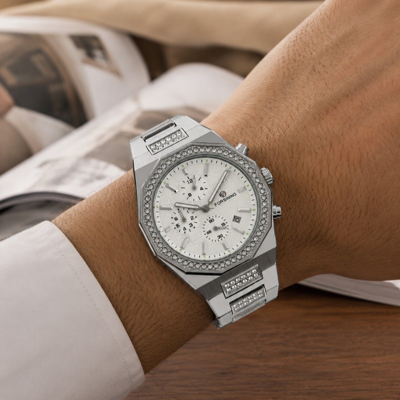 Механические часы Forsining 8314 Silver-White Steel с автоподзаводом и календарем