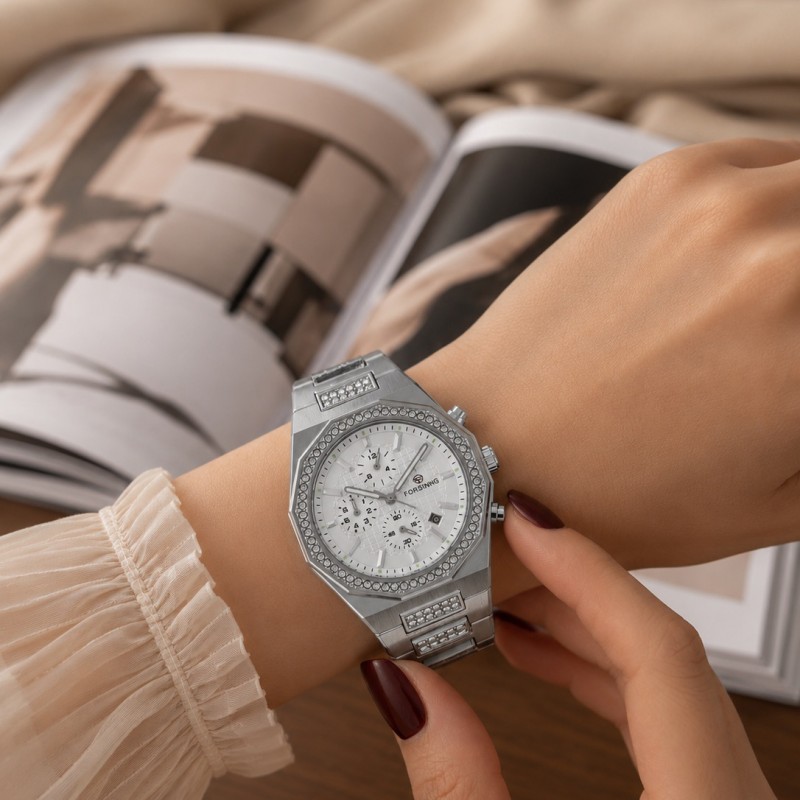 Механические часы Forsining 8314 Silver-White Steel с автоподзаводом и календарем