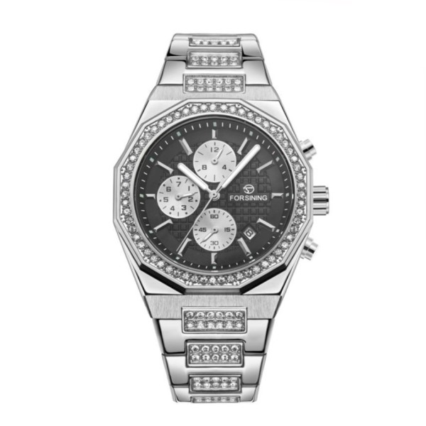 Механические часы Forsining 8314 Silver-Black Steel с автоподзаводом и календарем